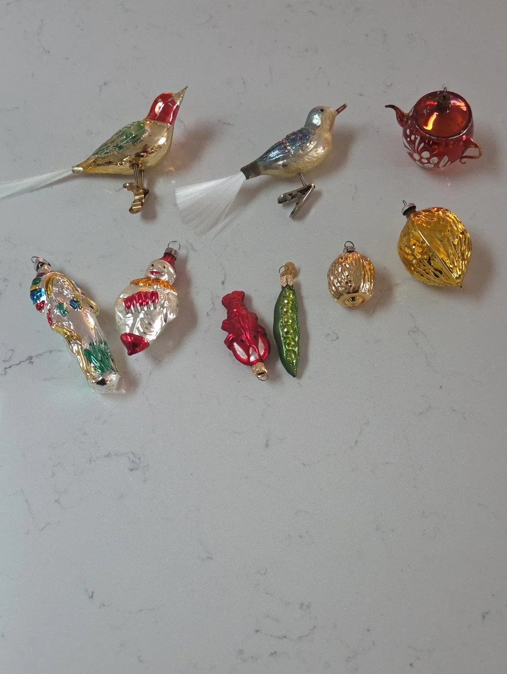 Vintage Glass Bird and Holiday Ornament Set - German Blown Glass
